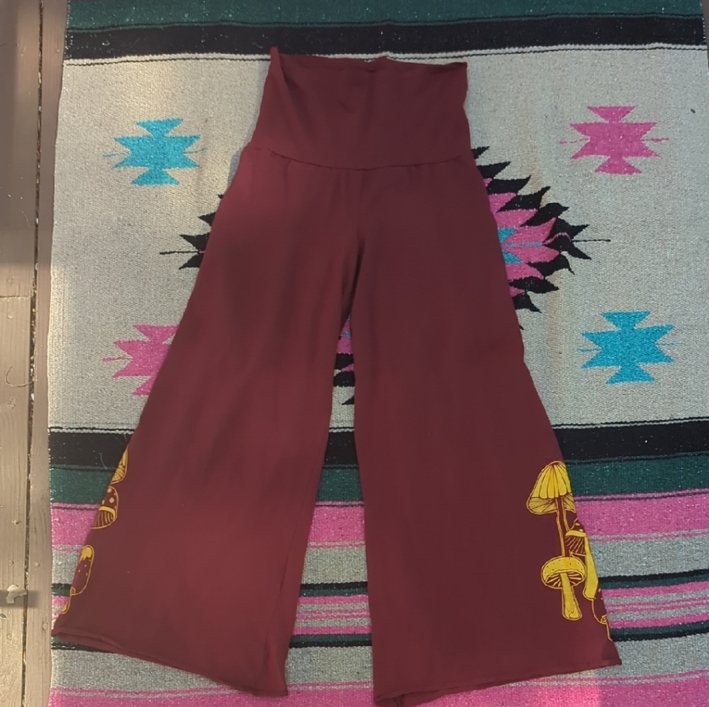 Soul Flower Maroon Pants with Yellow Mushroom Design